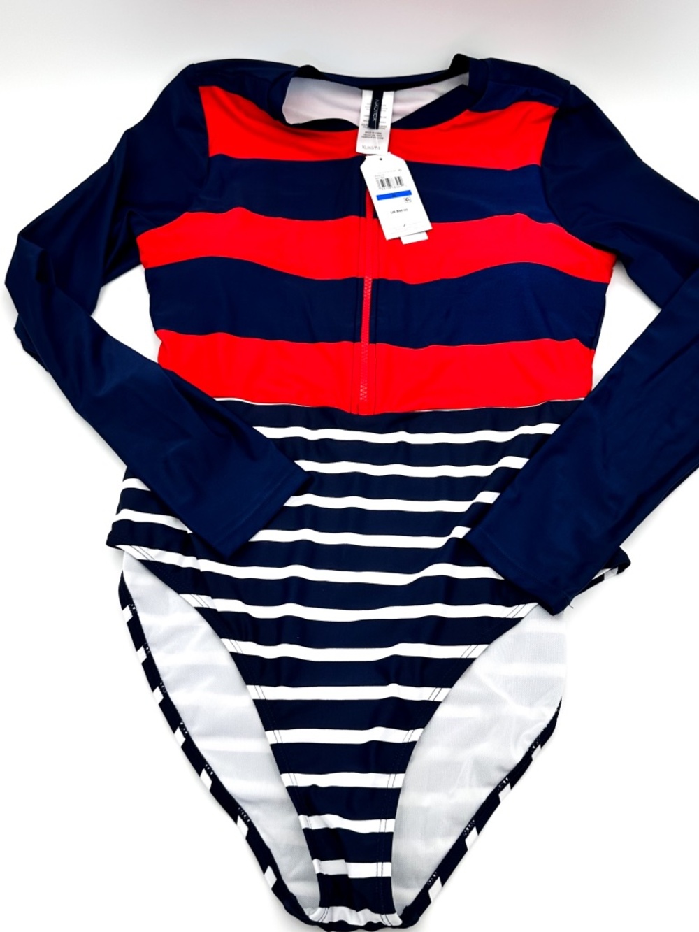 NEW Nautica Red Navy Blue Long Sleeve Striped 1 Piece Swim Women's Size XL